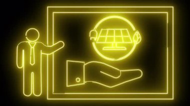 Sarı neon çizgiler. Güneş panelini sunan bir adam. Tüyyaprağı ve bir el.