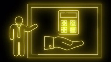 Bir çubuk figürünün sarı neon çizgisi dikdörtgen bir çerçevede hesap makinesiyle eli eli sunar