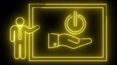 Sarı neon adam, elinde güç düğmesi olan bir çerçeve dikdörtgen sunar.