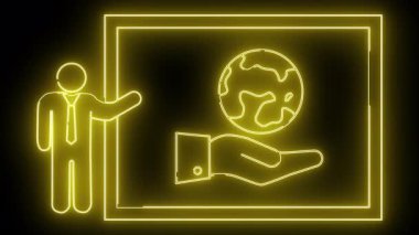 Sarı neon grafik çubuk figürü el çerçeveli küreyi sunar