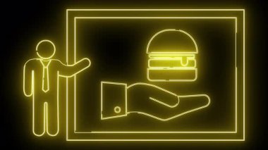 Sarı neon ekran sunucusu bir hamburgerin yanında dinleniyor.