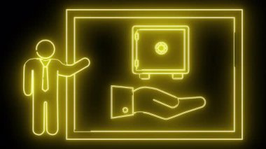 Sarı neon çizimler sunucu el kasası içeriyor. Hepsi de siyah bir arkaplanda kare çerçevede.