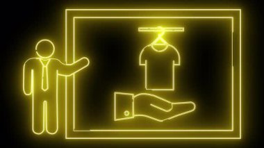 Parlak bir çerçeve içinde sunulan askıda stilize edilmiş neon adam gömleği