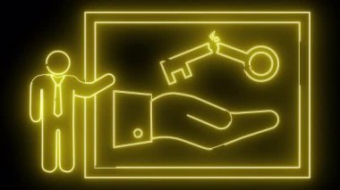 Neonstyle illüstrasyon. Elinde kırık bir anahtar olan bir adam. Çerçeve içinde.