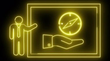 Neonstyle bir sunum sunumu sunumu sunan kişinin yanında pusulayı bir elin üzerinde gösterir