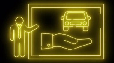 Neon sarı simgeler parlayan bir çerçeve içinde bir insan eli ve arabasını tasvir eder