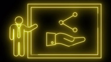 Kare çerçeve içindeki el ele tutuşma veri düğümlerini koyu arkaplana karşı sunan neon çizgili şekil