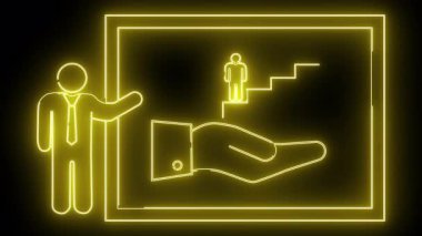 Neon çizgisi, bir çerçevenin içinde başka bir merdiveni destekleyen bir el sunan birini tasvir eder.