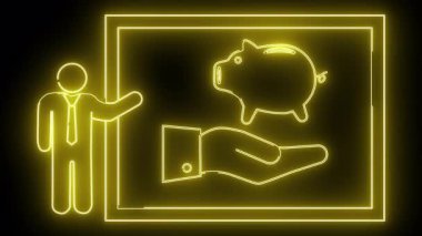 Neon Illustrasyon sunucusu çerçevelenmiş bir domuz kumbarasını gösteriyor