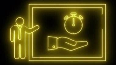 Parlak sarı neonstyle illüstrasyon figürü çerçeveli siyah bir arkaplanda kronometre tutan bir el sunar