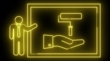 Uygun bir figürün neon sarısı piktogramı. Siyah bir arkaplanda izole edilmiş bir çerçeve içinde boya rulosu sunan bir el.