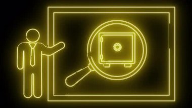 Sarı neonstyle grafik bir adam bir dikdörtgen içinde bir kasa üzerinde büyüteç sunan