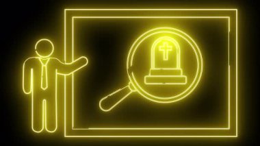 Büyüteç altındaki mezar taşının sarı neon sunumu siyah bir arkaplana karşı dikdörtgen üzerine kurulmuş biri tarafından yapılmıştır.