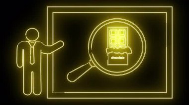 Sarı çizgili neon insan siyah çerçeveli bir büyüteç altında çikolata sunar.