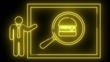 Bir kişinin parlak sarı çizimi bir kare bir büyüteç ve siyah bir zeminde bir hamburger.