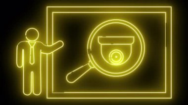 Bir kişinin neon sarısı çizimi bir dikdörtgen ve güvenlik kamerasına bakan bir büyüteç.