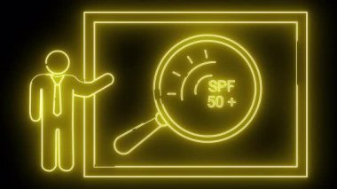 Neon sarı simge, SPF 50 üzerinde büyüteç gösteren bir ekranı gösteren takım elbiseli bir adamı gösteriyor