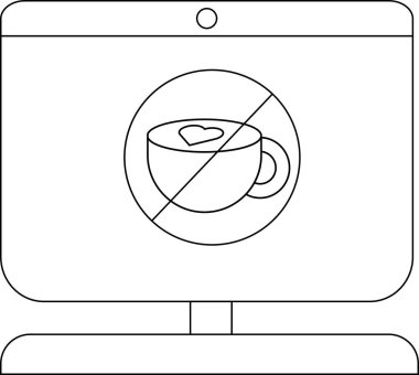 Bir bilgisayar ekranına kalbi kazınmış bir kahve fincanının stilize edilmiş çizimi.