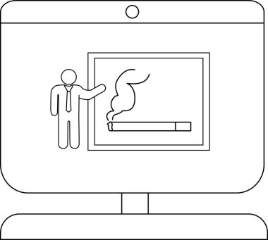 Bir bilgisayar ekranında sigara içme tehlikesi illüstrasyonunu sunan bir iş adamı.