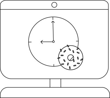 Zaman ve verimliliği temsil eden bilgisayar ekranındaki saat ve çöreğin yaratıcı bir çizimi.