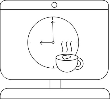 Samimi çalışma alanı estetiği için şirin kahve fincanı ve saat çizimi.