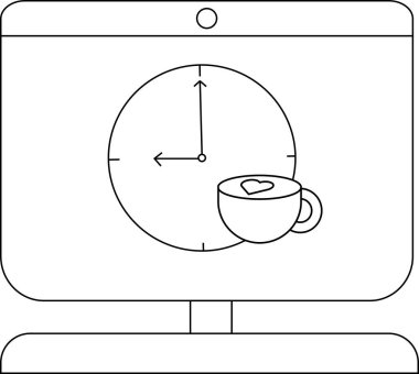 Bilgisayardaki saat ve kahve fincanının şık bir tasviri, ev estetiğinden çalışma için mükemmel..