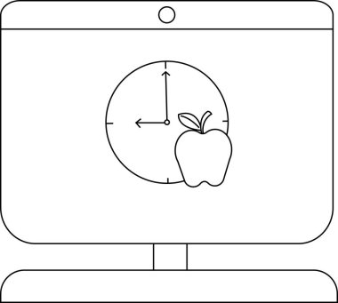 Bilgisayar ekranında saat ve elma ile sağlıklı yaşam tarzı kavramı.