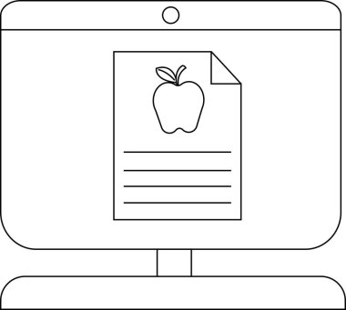 Eğitim içeriği için elma simgesi içeren bir belgeyi gösteren modern bilgisayar ekranı.