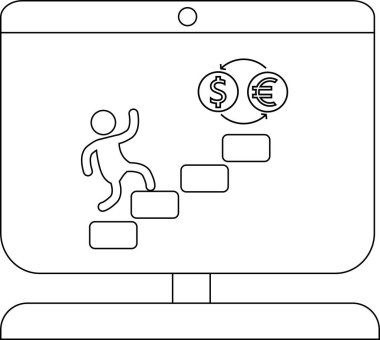 Çevrimiçi para değişimi ve bilgisayar ekranında ilerleme adımları içeren iş büyümesi kavramı.
