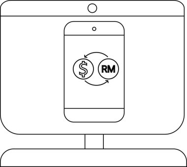 USD ve RM için para birimi dönüştürme simgeleriyle mobil finans veya döviz hizmetlerini gösteren bir telefon görüntüsü