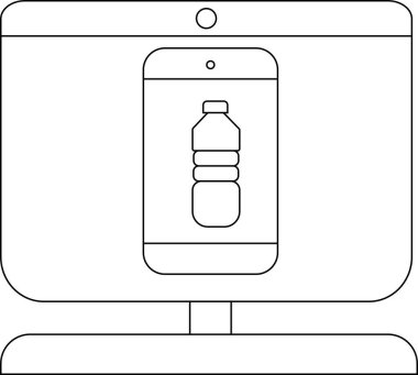 Su şişesi görüntülü akıllı telefonu gösteren bir bilgisayar monitörü taslağı