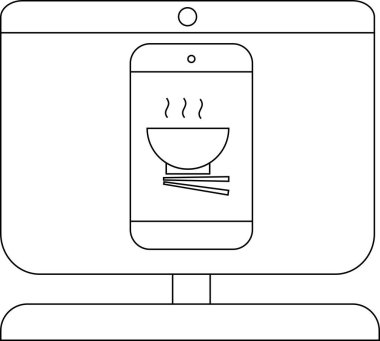 Monitörde bir kase ramen ve çubukla akıllı telefon görüntüsü var.