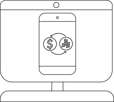 Bilgisayar monitörü para değişimi sembollü bir telefon gösteriyor