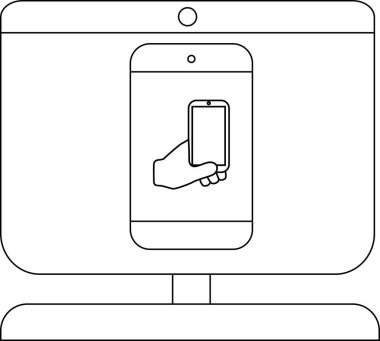 Bir monitör, basit bir el çizimi ile tutulan bir telefonu görüntüler