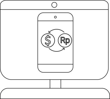 Para değişimi illüstrasyonlu bir telefonu gösteren bir bilgisayar ekranı çizimi