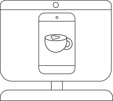 Bir masaüstü bilgisayarı üzerinde bir fincan kahve olan bir akıllı telefon ekranını görüntüler