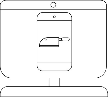 Bir masaüstü bilgisayarı ekranında satır çizimi olan bir akıllı telefon görüntüsü gösterir