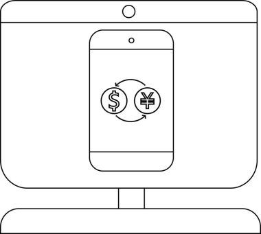 Bir bilgisayar monitörü, dairesel ok grafiğiyle dolar para değişimi gösteren bir telefon ekranı gösterir
