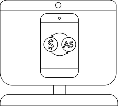 Bir bilgisayar monitörü, aralarında dairesel oklar bulunan Amerikan dolar sembollerini gösteren bir cep telefonu gösteriyor.