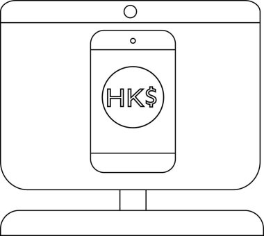 Hong Kong dolar para birimi sembolünü gösteren bir cep telefonu resmi olan bir bilgisayar ekranının siyah beyaz çizgisi.