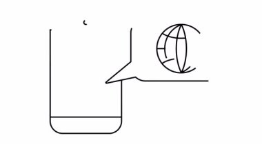Akıllı telefon, içinde dünya sembolü bulunan bir konuşma baloncuğu gösterir. Çizgiler beyaz arkaplanda siyahtır.