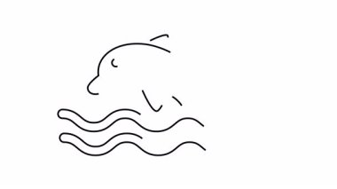 Biçimlendirilmiş dalgalardan atlayan yunus beyaz üzerine siyah çizgi