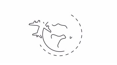 Küresel seyahati öneren kesik bir çember içindeki bir dünyanın etrafında bir uçak dönüyor.