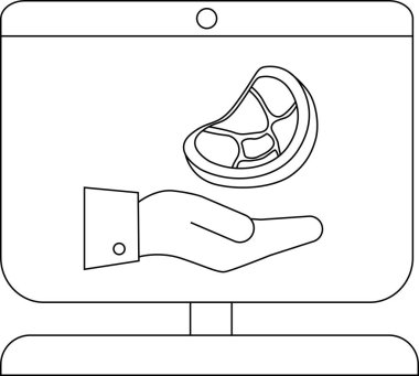 Ekranda meyve dilimini sunan bir eli gösteren bir monitörün taslağı