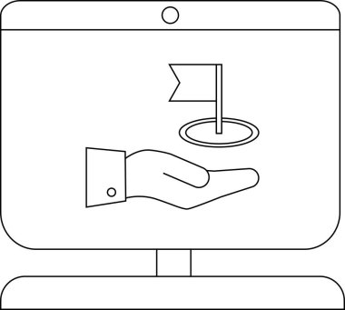 Bir halka üzerinde bir bayrak ile elini gösteren basit bir siyah beyaz çizgi çizimi görüntüle