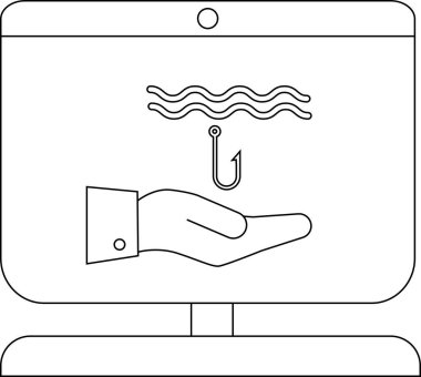 Çizgi sanatı, ekranında el oltası ve dalgalar olan bir monitör tasvir eder.