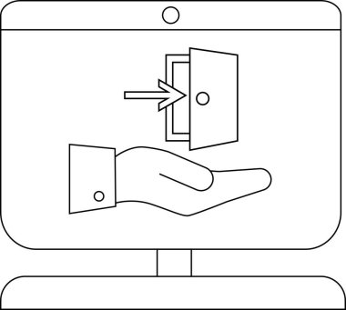Bilgisayar ekranında içinde ok olan açık bir kapı sunan bir el görüntüsü var