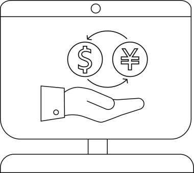 Bir ekranda bir el tarafından tutulan dolar ve yen sembolleri arasında para değişimi gösteriliyor