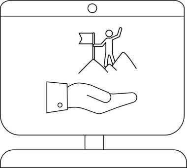 Bir ekranda, bir dağ bayrağının tepesinde elinde destek olduğunu gösteren bir figür belirir.