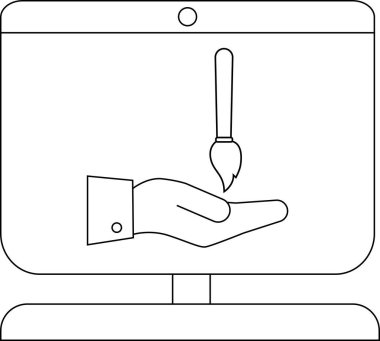 Bir monitör boya fırçası resim minimalist çizginin altında bir el gösterir